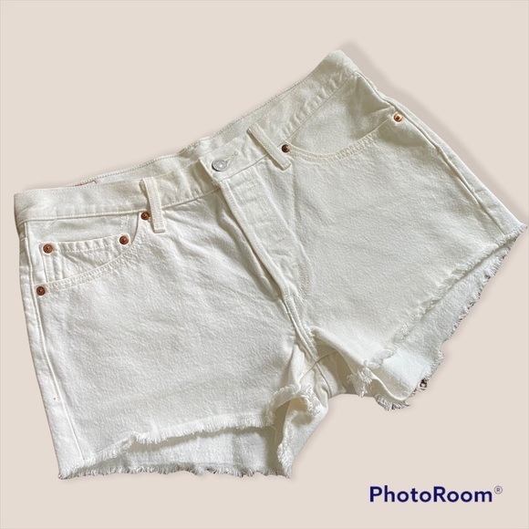 Levi 501 White Cuff Off Button Fly High Rise Denim Shorts Sz 31 - Picture 1 of 6